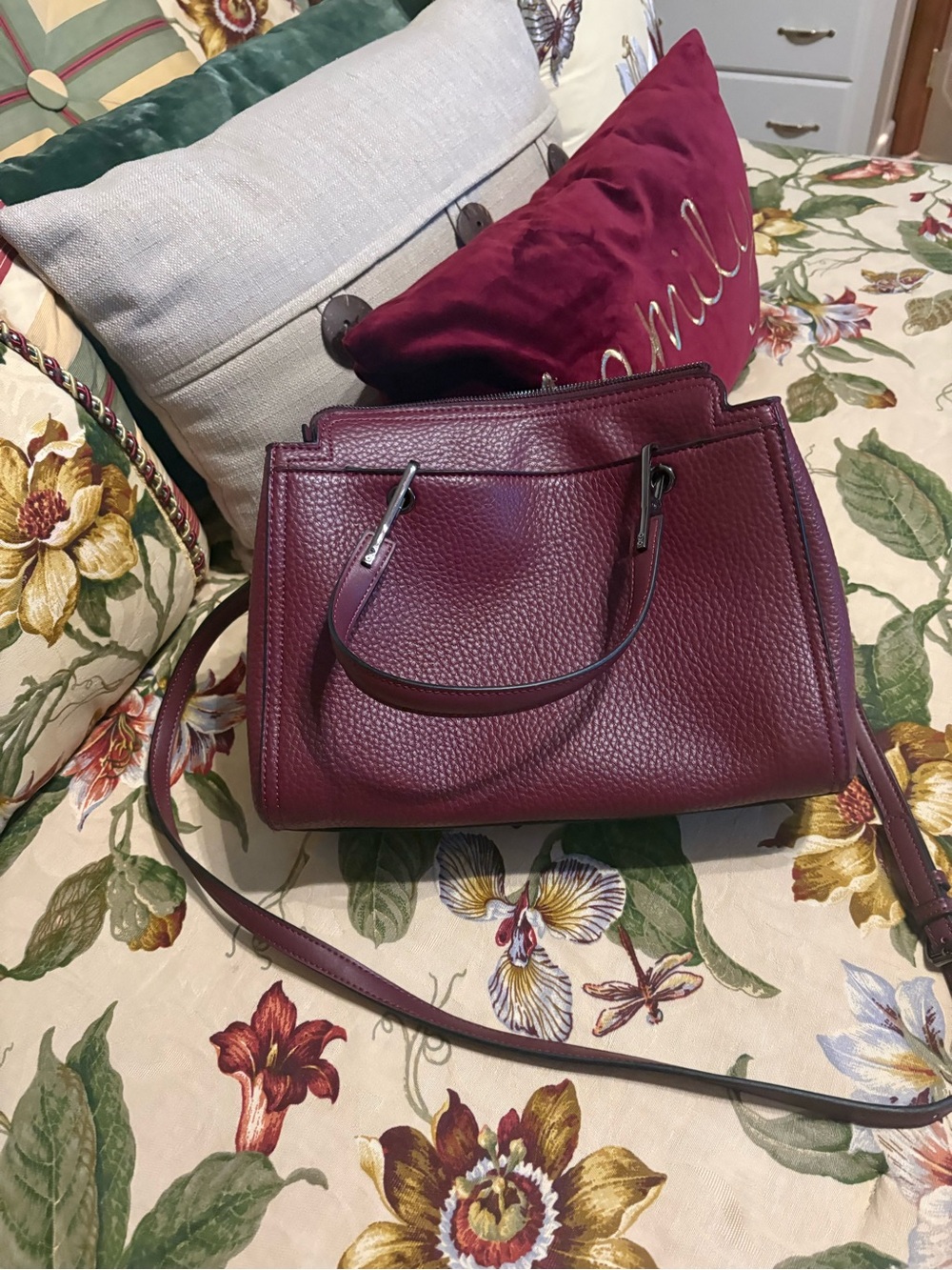 Structured Pebbled Leather Satchel in Wine